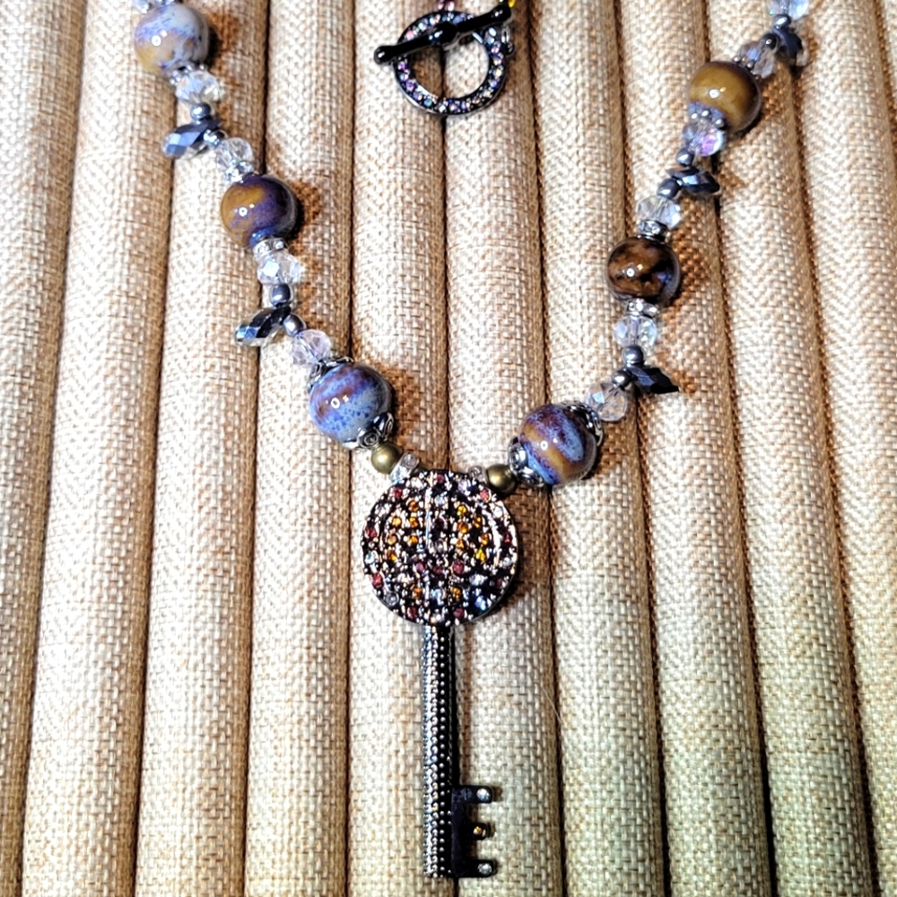 Handmade Gunmetal Rhinestone Key Pendant w/ Ceramic, Glass & Metal Bead Necklace